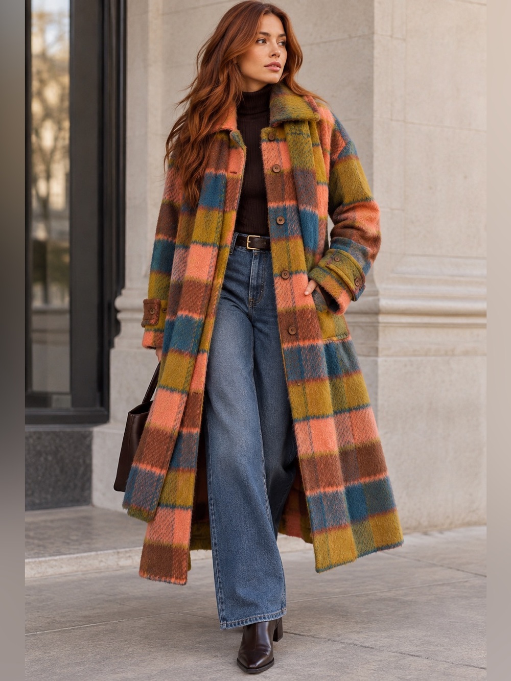 Free People Dalton Multi-Color Plaid Longline Coat Attached Scarf | Size S